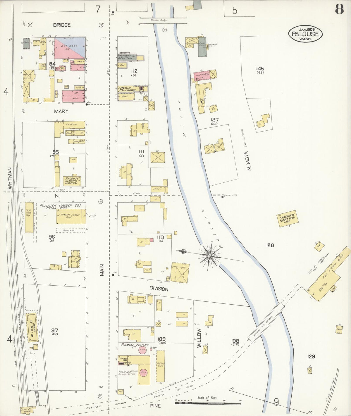 Sanborn Fire Insurance Map from Palouse City, Whitman County, Washington (1908), Sheet #0008 - Historic Sanborn Fire Insurance Map Print, vintage old map wall art, antique decor, genealogy gift, Washington Washington map