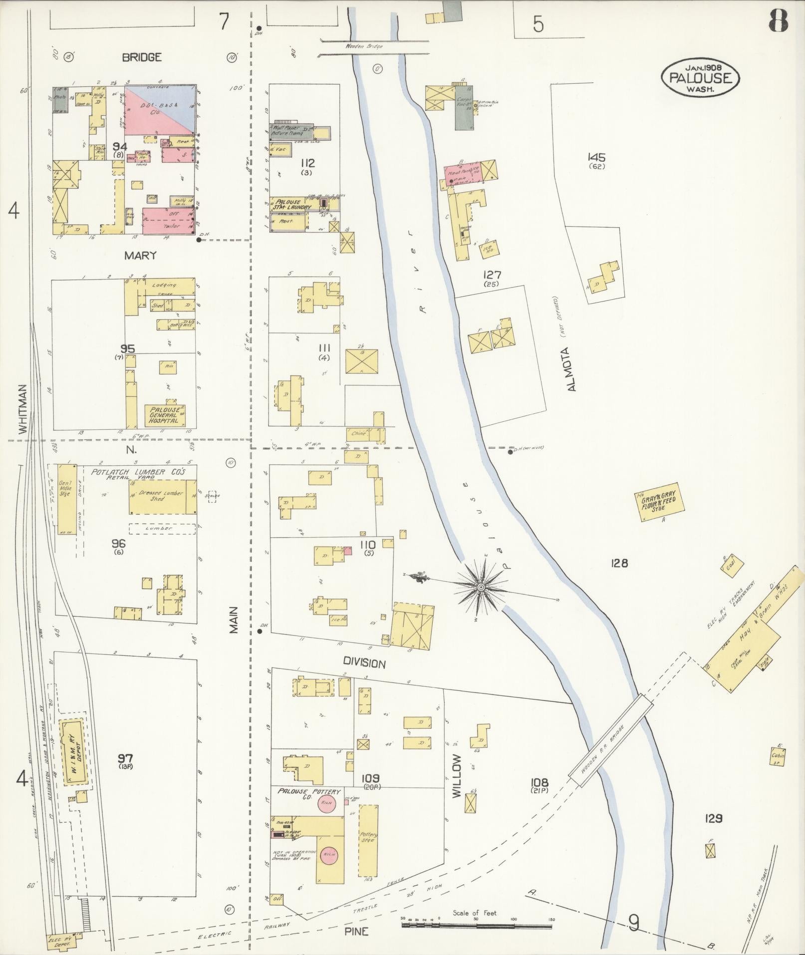 Sanborn Fire Insurance Map from Palouse City, Whitman County, Washington (1908), Sheet #0008 - Historic Sanborn Fire Insurance Map Print, vintage old map wall art, antique decor, genealogy gift, Washington Washington map