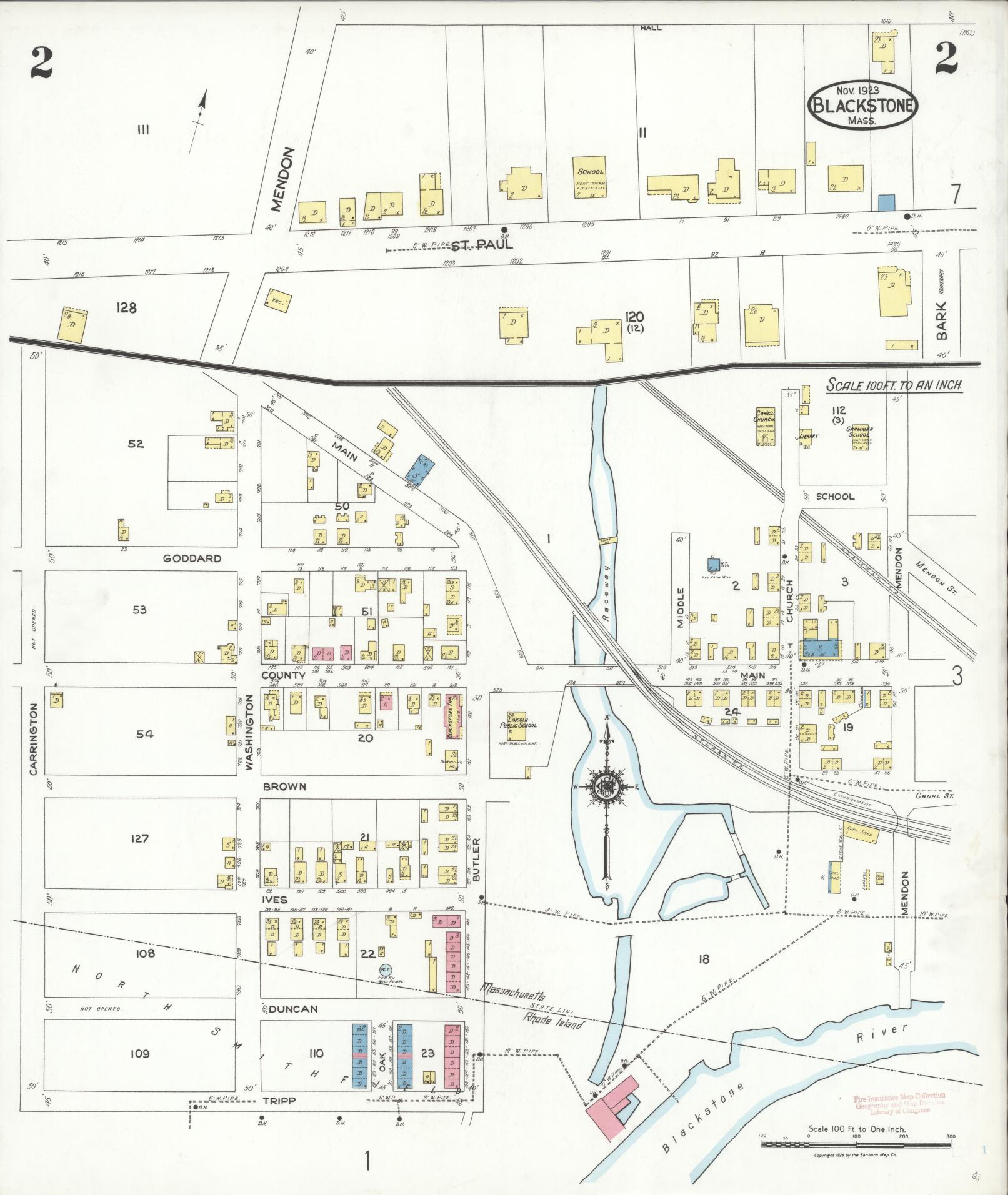Sanborn Fire Insurance Map from Blackstone, Worcester County, Massachusetts (1923), Sheet #0002 - Complete Map Set gallery image, historic Sanborn map, vintage wall art, Massachusetts Massachusetts