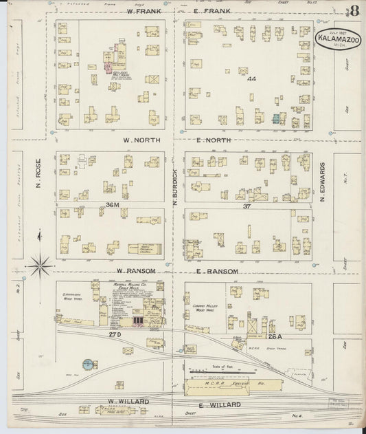 Sanborn Fire Insurance Map from Kalamazoo, Kalamazoo County, Michigan (1887), Sheet #0008 - Historic Sanborn Fire Insurance Map Print, vintage old map wall art, antique decor, genealogy gift, Michigan Michigan map