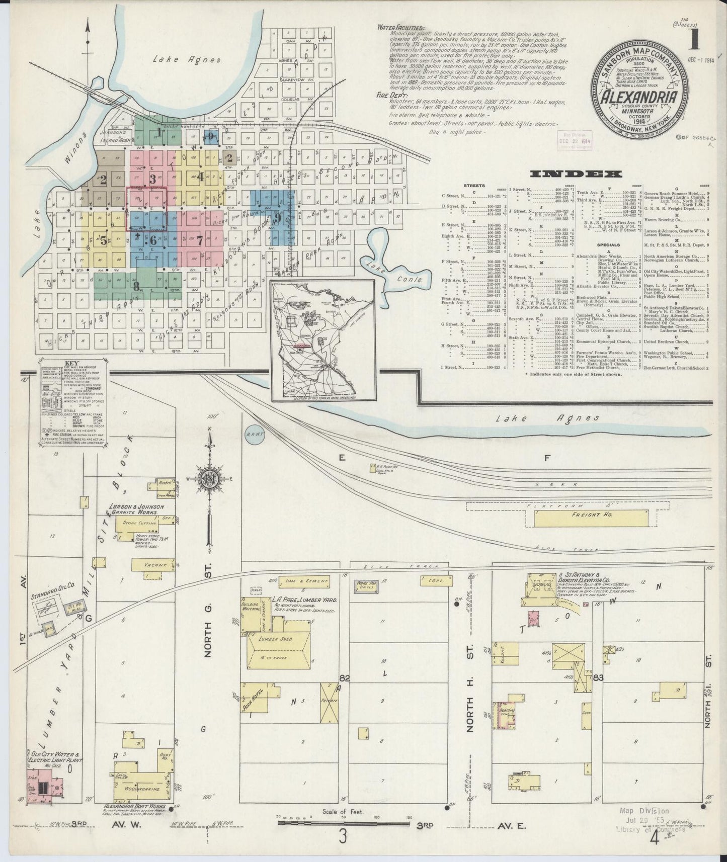 Sanborn Fire Insurance Map from Alexandria, Douglas County, Minnesota (1914), Sheet #0001 - Historic Sanborn Fire Insurance Map Print, vintage old map wall art, antique decor, genealogy gift, Minnesota Minnesota map