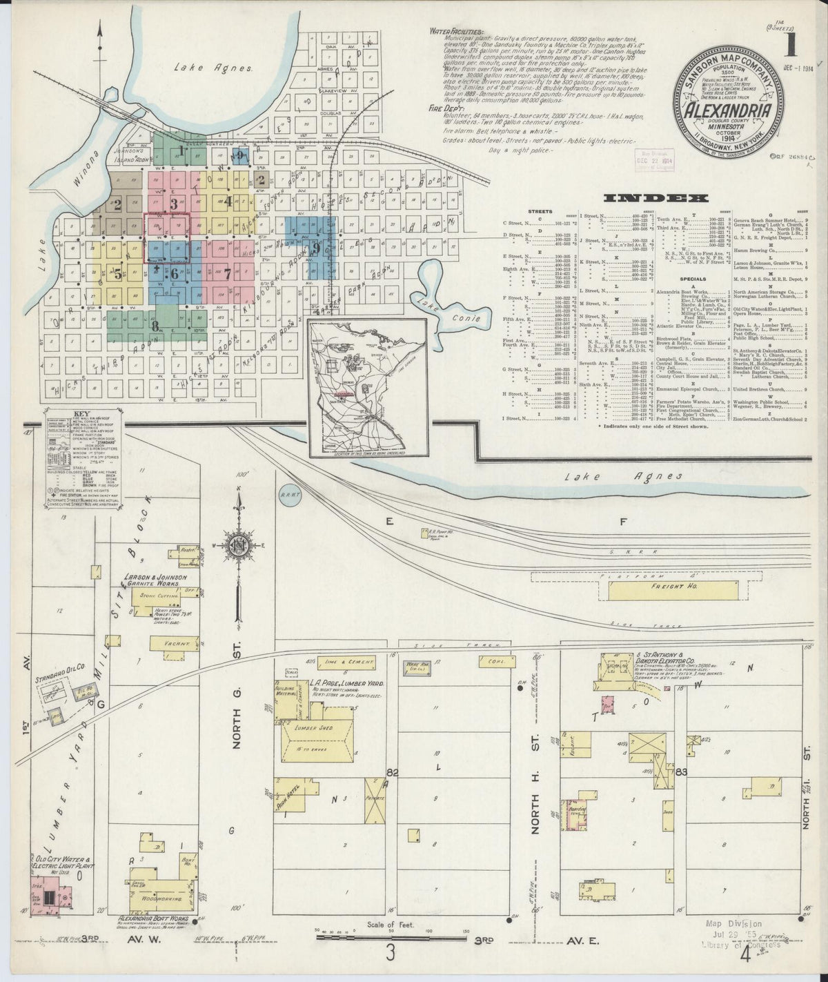 Sanborn Fire Insurance Map from Alexandria, Douglas County, Minnesota (1914), Sheet #0001 - Historic Sanborn Fire Insurance Map Print, vintage old map wall art, antique decor, genealogy gift, Minnesota Minnesota map