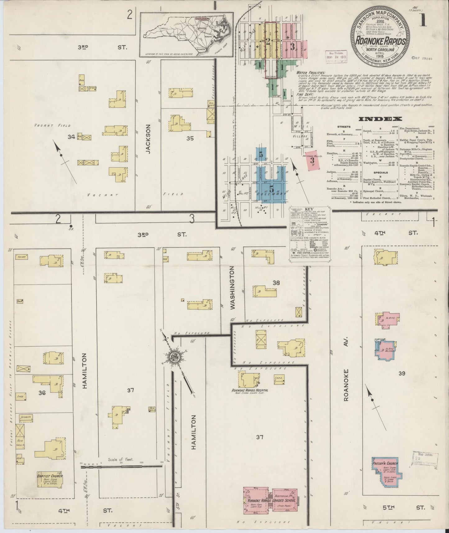 Sanborn Fire Insurance Map from Roanoke Rapids, Halifax County, North Carolina (1915), Sheet #0001 - Complete Map Set gallery image, historic Sanborn map, vintage wall art, North Carolina North Carolina