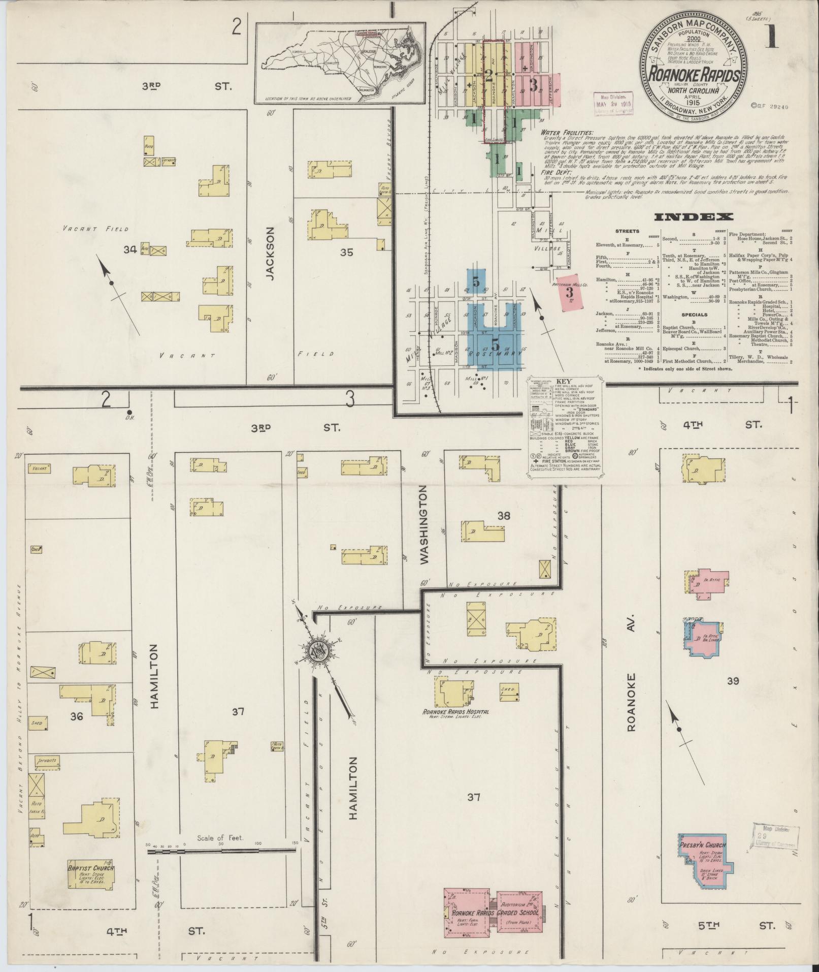 Sanborn Fire Insurance Map from Roanoke Rapids, Halifax County, North Carolina (1915), Sheet #0001 - Complete Map Set gallery image, historic Sanborn map, vintage wall art, North Carolina North Carolina