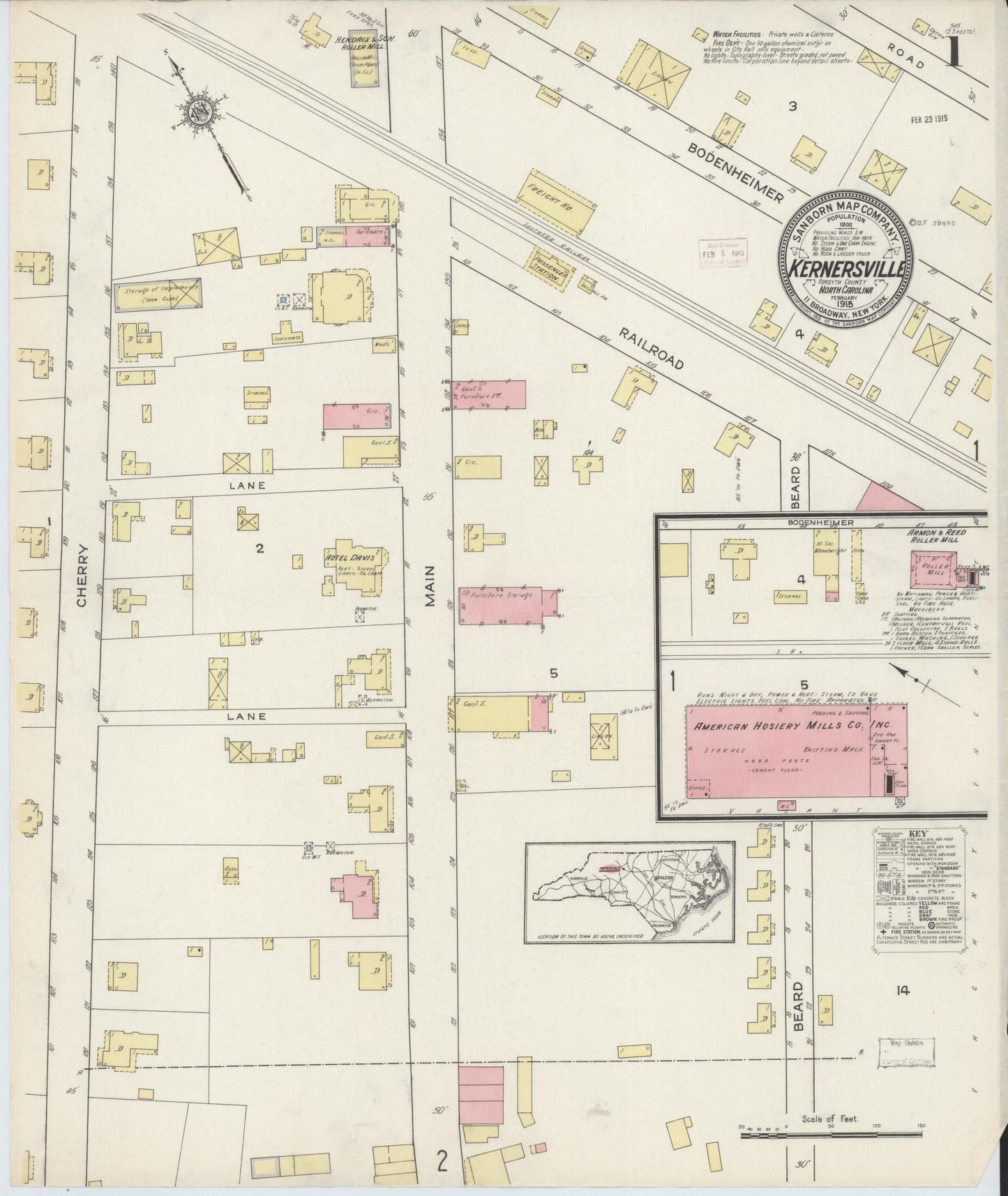Sanborn Fire Insurance Map from Kernersville, Forsyth County, North Carolina (1915), Sheet #0001 - Historic Sanborn Fire Insurance Map Print, vintage old map wall art, antique decor, genealogy gift, North Carolina North Carolina map