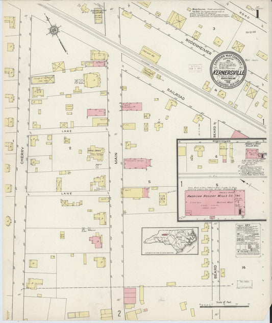 Sanborn Fire Insurance Map from Kernersville, Forsyth County, North Carolina (1915), Sheet #0001 - Historic Sanborn Fire Insurance Map Print, vintage old map wall art, antique decor, genealogy gift, North Carolina North Carolina map