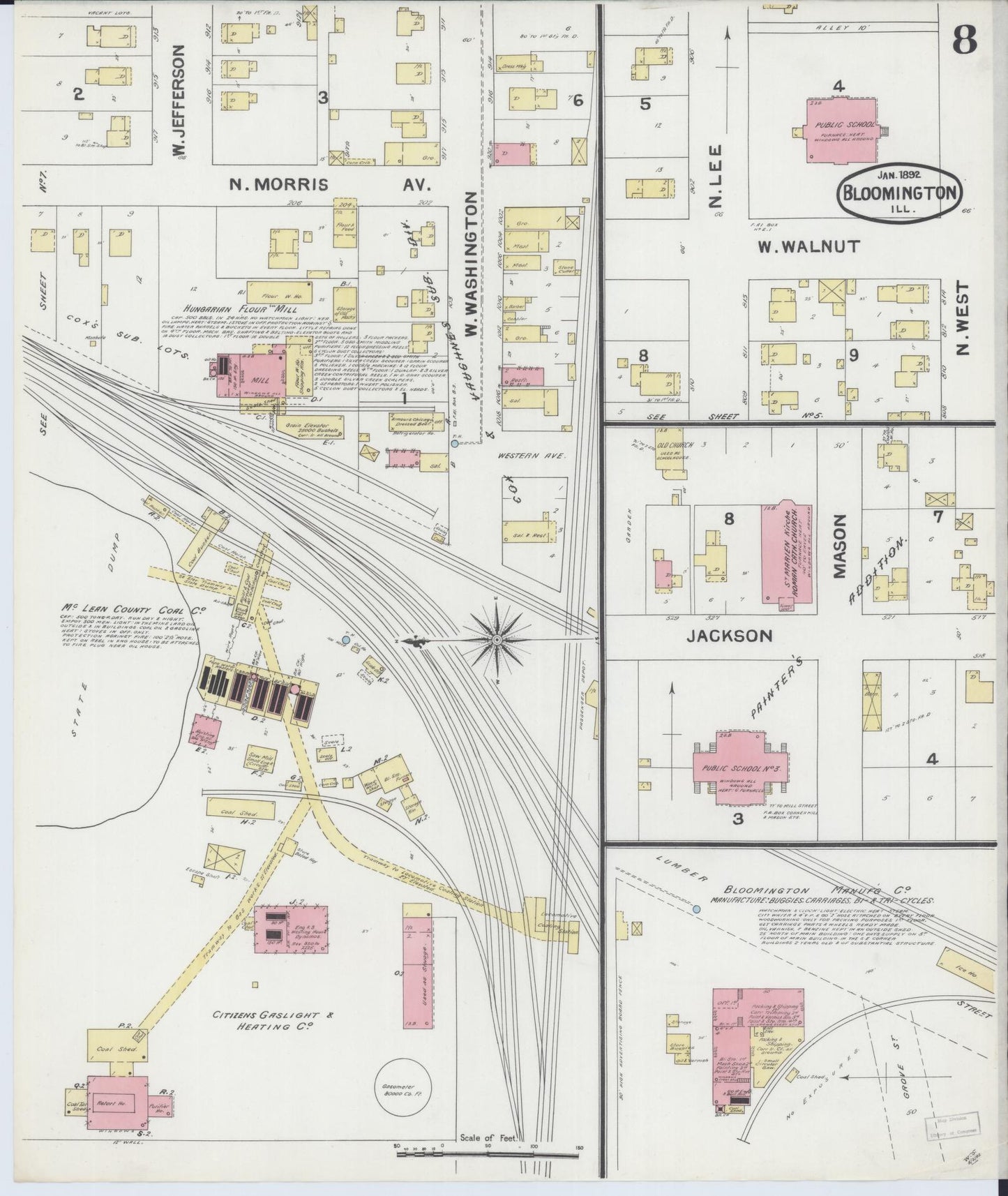 Sanborn Fire Insurance Map from Bloomington, McLean County, Illinois (1892), Sheet #0008 - Historic Sanborn Fire Insurance Map Print, vintage old map wall art, antique decor, genealogy gift, Illinois Illinois map