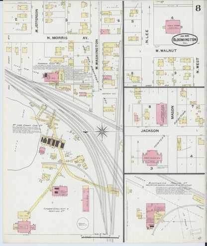 Sanborn Fire Insurance Map from Bloomington, McLean County, Illinois (1892), Sheet #0008 - Historic Sanborn Fire Insurance Map Print, vintage old map wall art, antique decor, genealogy gift, Illinois Illinois map