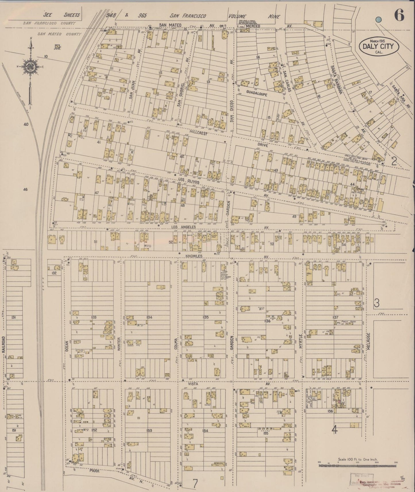 Sanborn Fire Insurance Map from Daly City, San Mateo County, California (1915), Sheet #0006 - Complete Map Set gallery image, historic Sanborn map, vintage wall art, California California