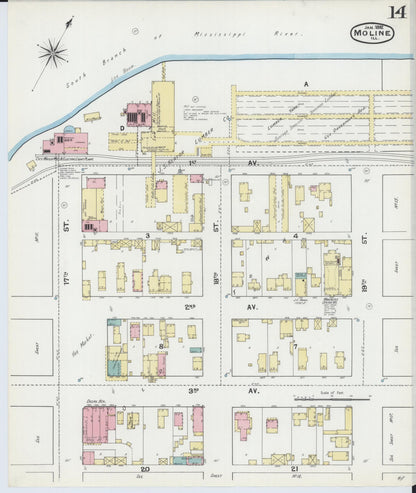 Sanborn Fire Insurance Map from Moline, Rock Island County, Illinois (1892), Sheet #0014 - Historic Sanborn Fire Insurance Map Print, vintage old map wall art, antique decor, genealogy gift, Illinois Illinois map
