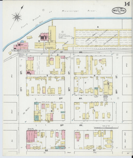 Sanborn Fire Insurance Map from Moline, Rock Island County, Illinois (1892), Sheet #0014 - Historic Sanborn Fire Insurance Map Print, vintage old map wall art, antique decor, genealogy gift, Illinois Illinois map