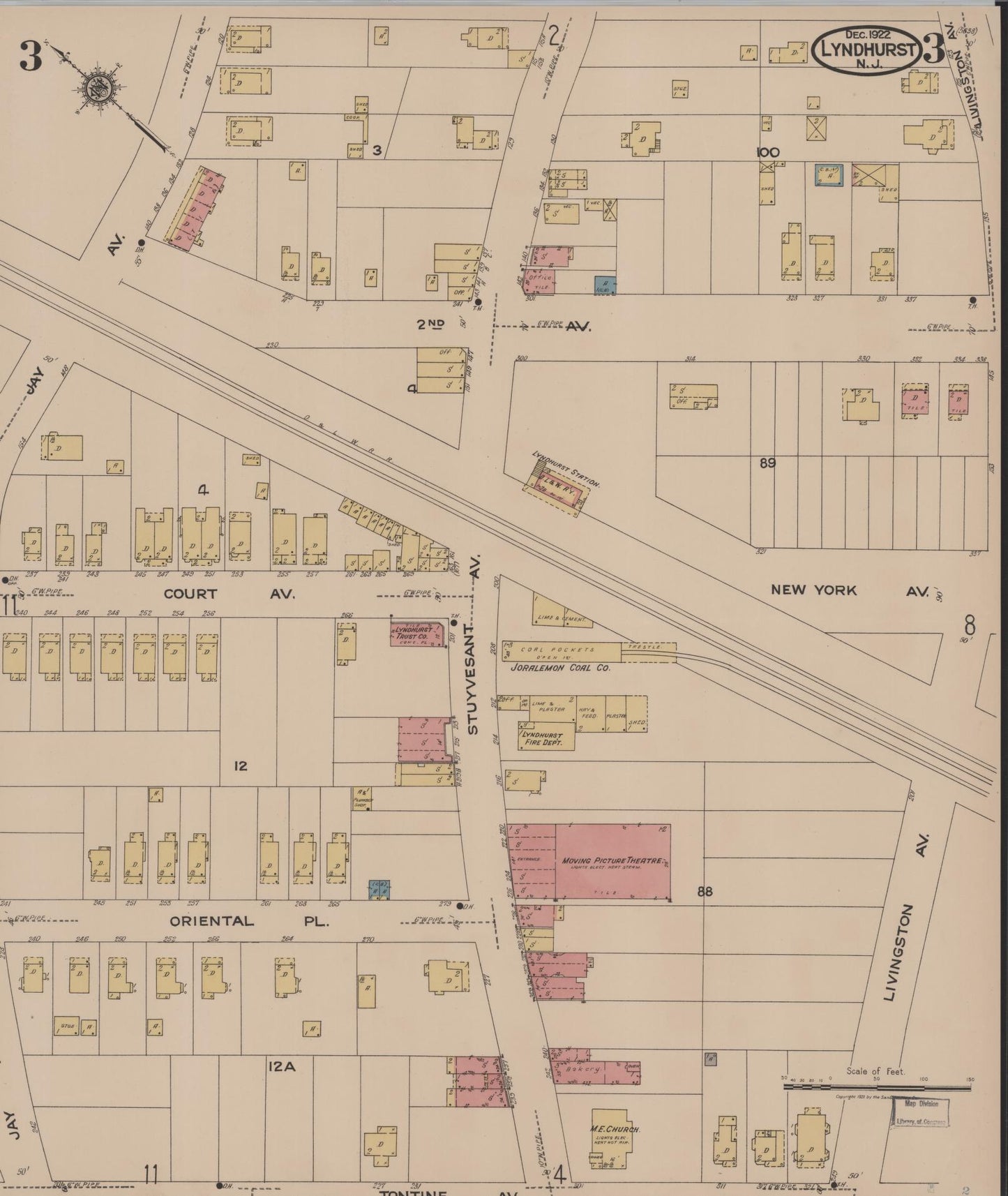 Sanborn Fire Insurance Map from Lyndhurst, Bergen County, New Jersey (1922), Sheet #0003 - Historic Sanborn Fire Insurance Map Print, vintage old map wall art, antique decor, genealogy gift, New Jersey New Jersey map