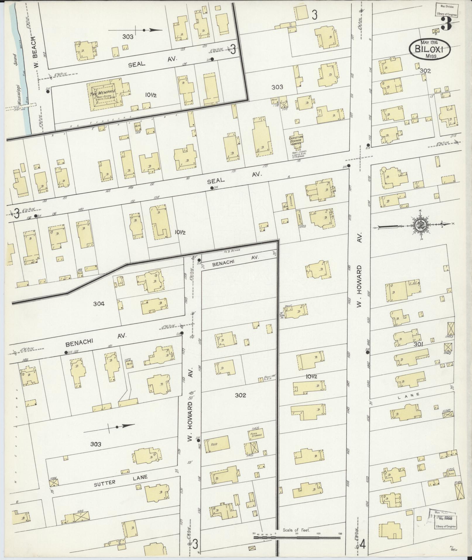 Sanborn Fire Insurance Map from Biloxi, Harrison County, Mississippi (1914), Sheet #0003 - Historic Sanborn Fire Insurance Map Print, vintage old map wall art, antique decor, genealogy gift, Mississippi Mississippi map