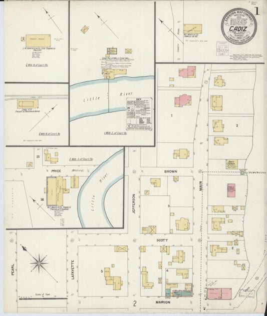 Sanborn Fire Insurance Map from Cadiz, Trigg County, Kentucky (1903), Sheet #0001 - Historic Sanborn Fire Insurance Map Print, vintage old map wall art, antique decor, genealogy gift, Kentucky Kentucky map
