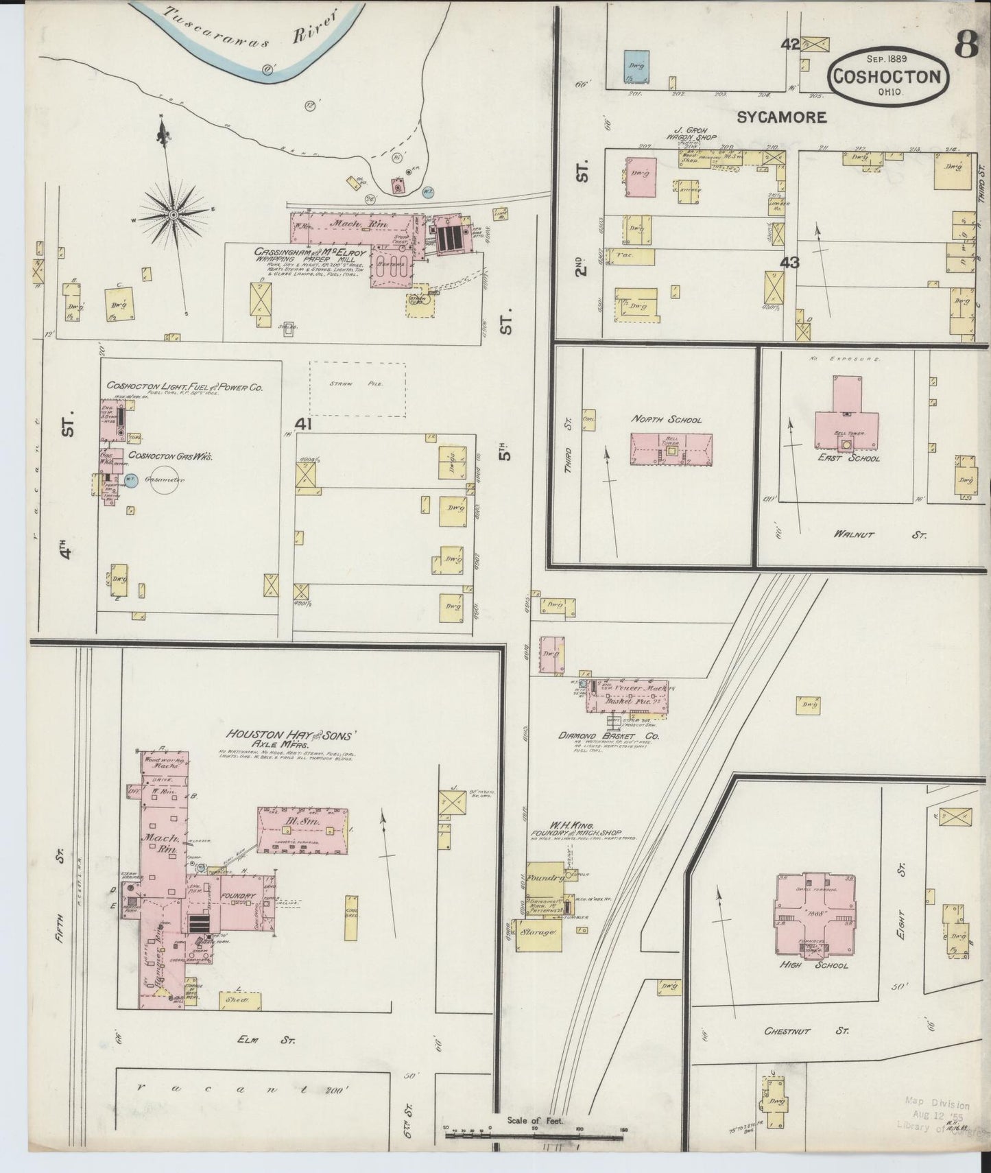 Sanborn Fire Insurance Map from Coshocton, Coshocton County, Ohio (1889), Sheet #0008 - Historic Sanborn Fire Insurance Map Print, vintage old map wall art, antique decor, genealogy gift, Ohio Ohio map