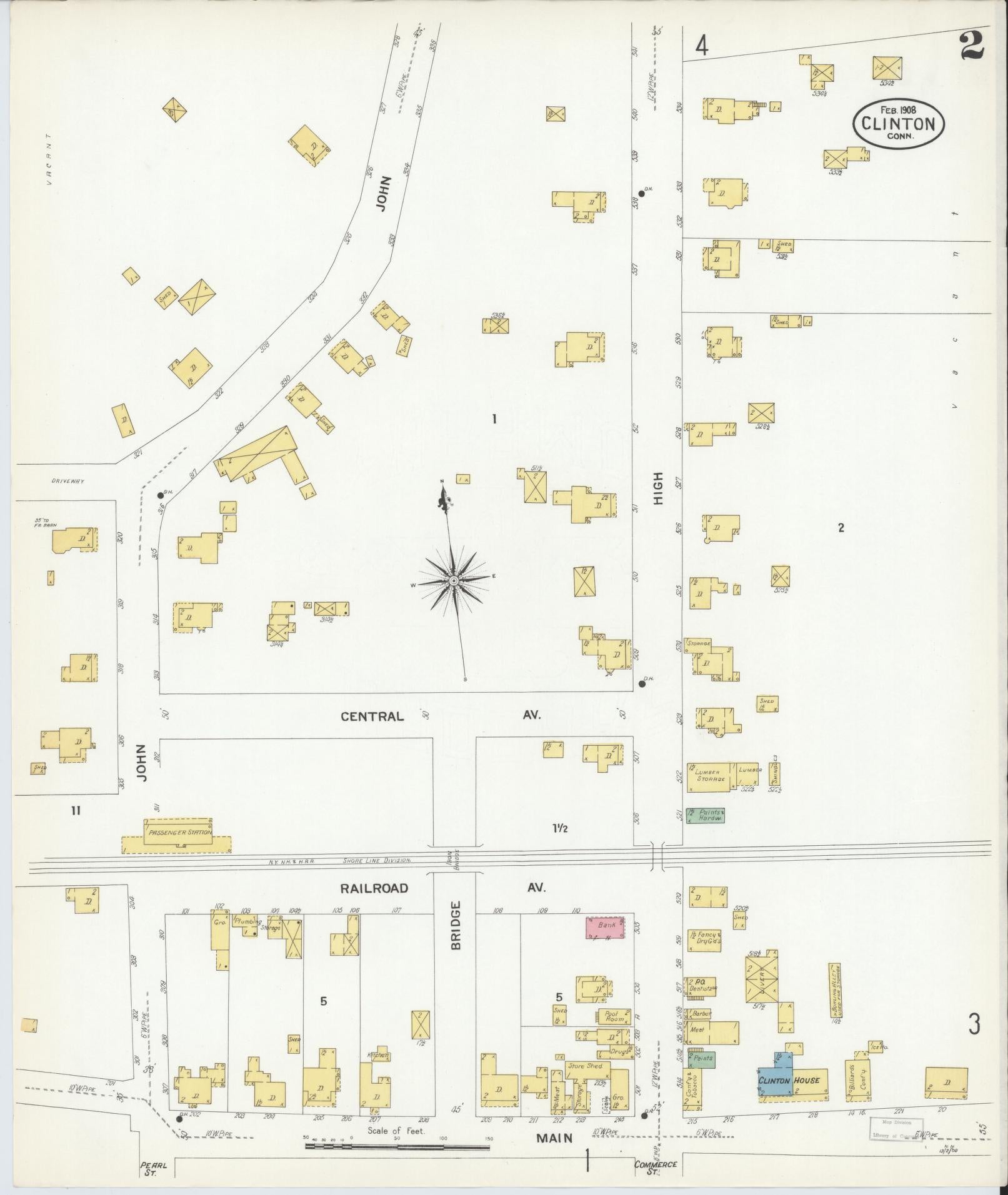 Sanborn Fire Insurance Map from Clinton, Middlesex County, Connecticut (1908), Sheet #0002 - Historic Sanborn Fire Insurance Map Print, vintage old map wall art, antique decor, genealogy gift, Connecticut Connecticut map