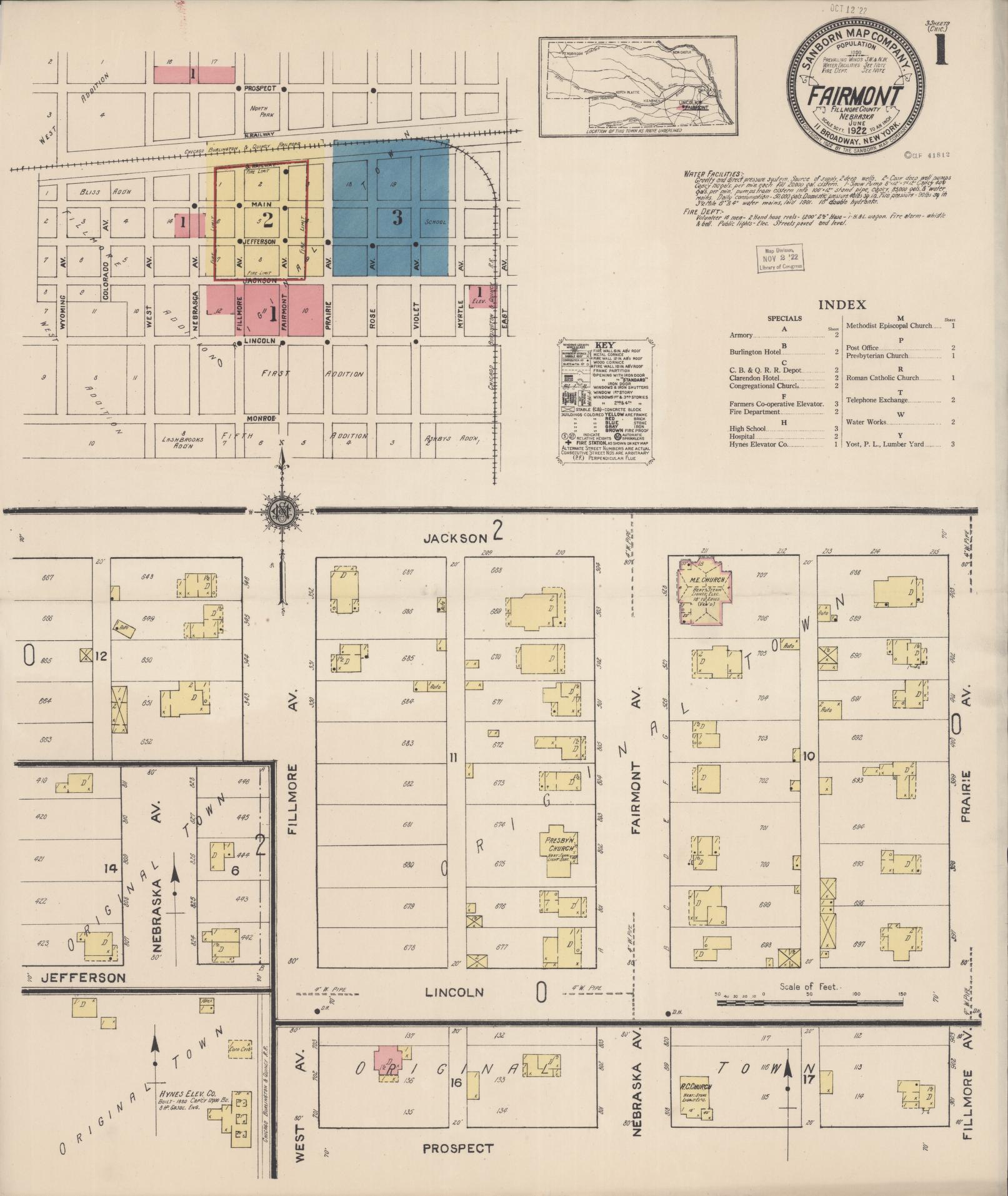 Sanborn Fire Insurance Map from Fairmont, Fillmore County, Nebraska (1922), Sheet #0001 - Complete Map Set gallery image, historic Sanborn map, vintage wall art, Nebraska Nebraska