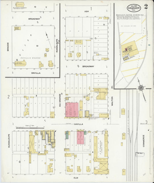 Sanborn Fire Insurance Map from Granger, Williamson County, Texas (1910), Sheet #0002 - Historic Sanborn Fire Insurance Map Print, vintage old map wall art, antique decor, genealogy gift, Texas Texas map