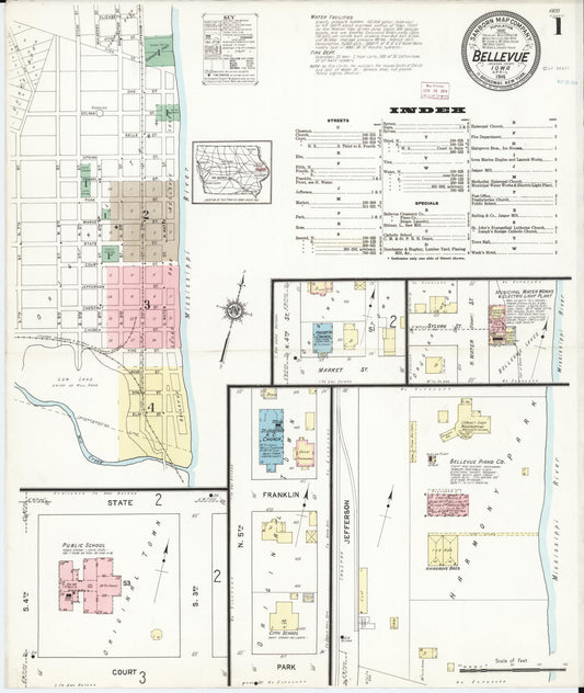 Sanborn Fire Insurance Map from Bellevue, Jackson County, Iowa (1914), Sheet #0001 - Historic Sanborn Fire Insurance Map Print, vintage old map wall art