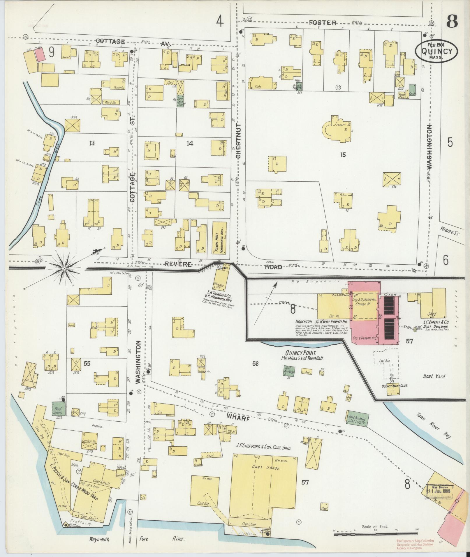 Sanborn Fire Insurance Map from Quincy, Norfolk County, Massachusetts (1901), Sheet #0008 - Historic Sanborn Fire Insurance Map Print, vintage old map wall art, antique decor, genealogy gift, Massachusetts Massachusetts map