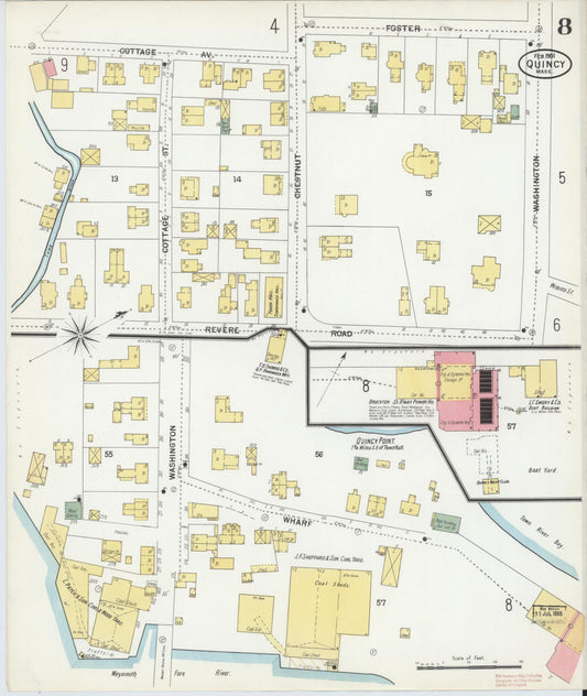 Sanborn Fire Insurance Map from Quincy, Norfolk County, Massachusetts (1901), Sheet #0008 - Historic Sanborn Fire Insurance Map Print, vintage old map wall art, antique decor, genealogy gift, Massachusetts Massachusetts map