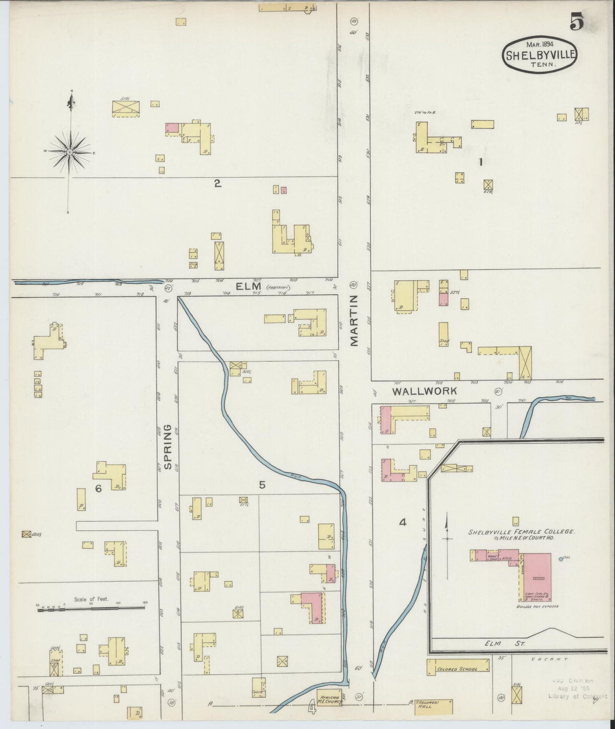 Sanborn Fire Insurance Map from Shelbyville, Bedford County, Tennessee (1894), Sheet #0005 - Historic Sanborn Fire Insurance Map Print, vintage old map wall art, antique decor, genealogy gift, Tennessee Tennessee map