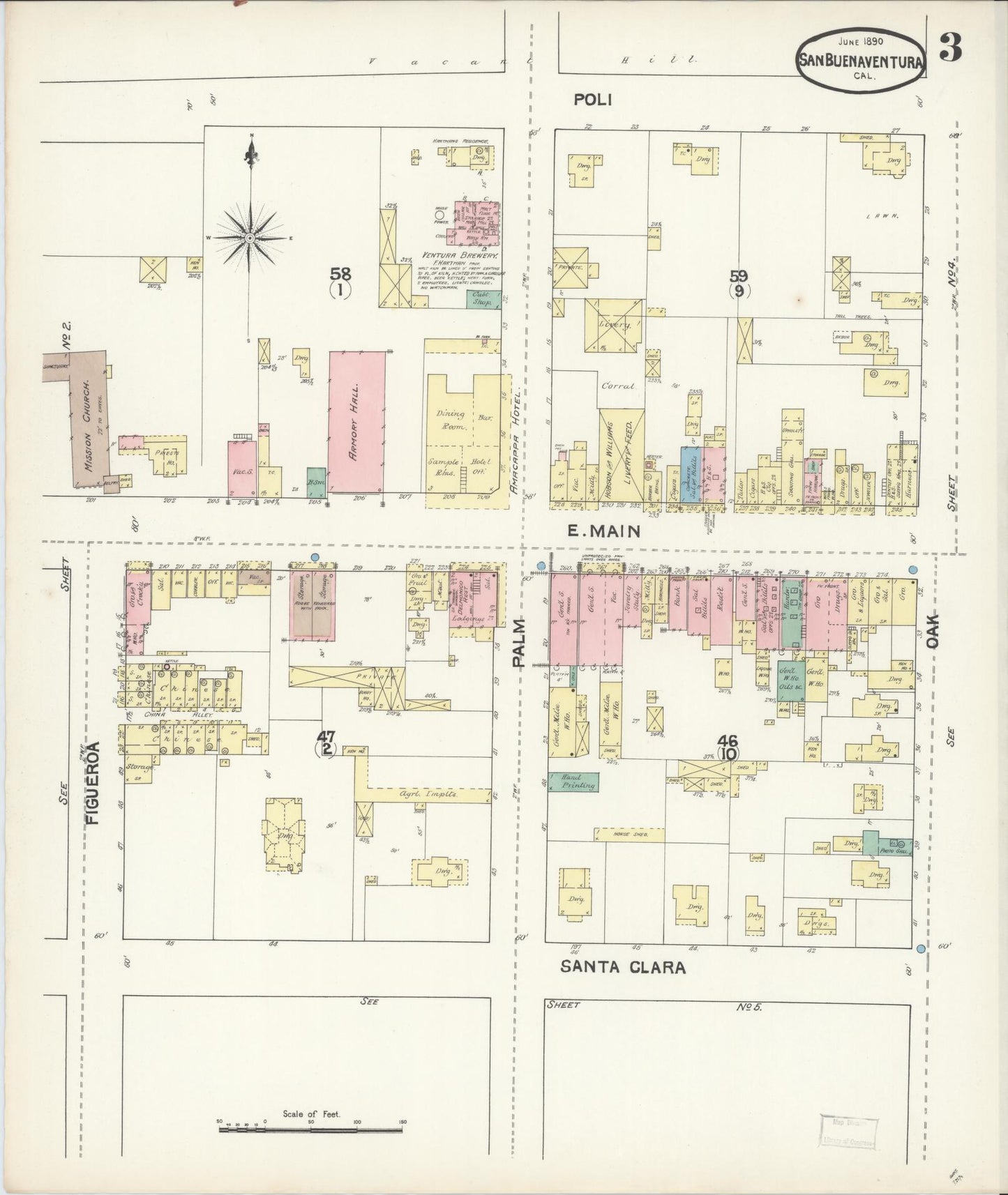 Sanborn Fire Insurance Map from San Buenaventura, Ventura County, California (1890), Sheet #0003 - Complete Map Set gallery image, historic Sanborn map, vintage wall art, California California