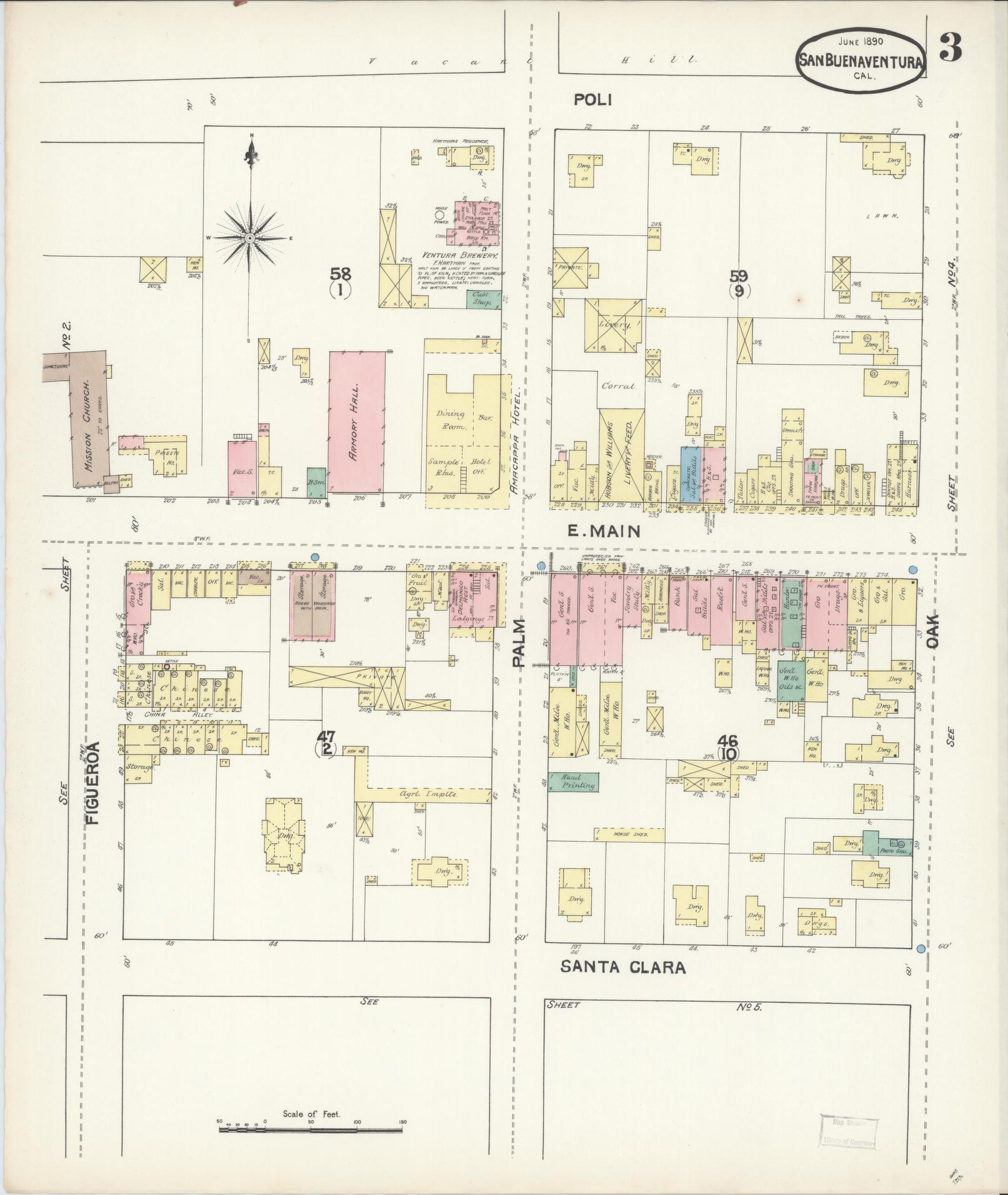 Sanborn Fire Insurance Map from San Buenaventura, Ventura County, California (1890), Sheet #0003 - Complete Map Set gallery image, historic Sanborn map, vintage wall art, California California