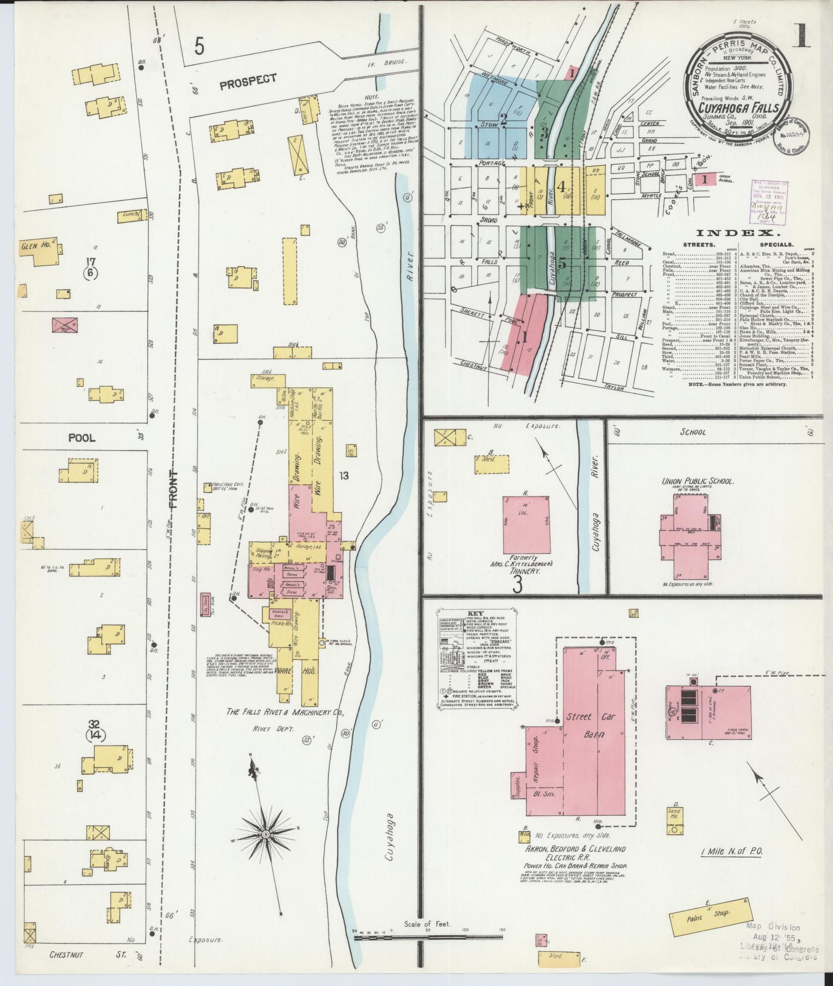 Sanborn Fire Insurance Map from Cuyahoga Falls, Summit County, Ohio (1901), Sheet #0001 - Historic Sanborn Fire Insurance Map Print, vintage old map wall art, antique decor, genealogy gift, Ohio Ohio map