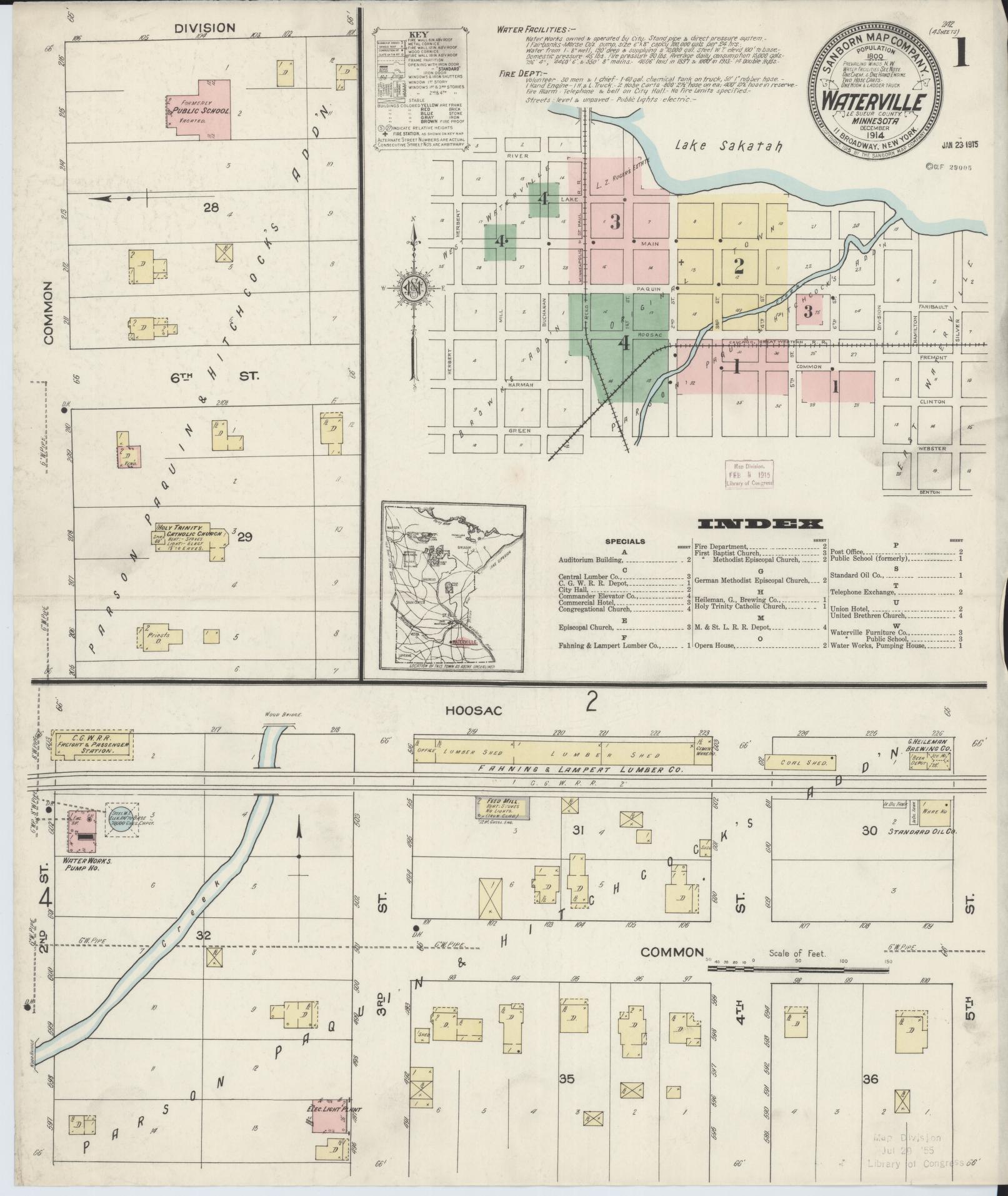 Sanborn Fire Insurance Map from Waterville, Le Sueur County, Minnesota (1914), Sheet #0001 - Complete Map Set gallery image, historic Sanborn map, vintage wall art, Minnesota Minnesota