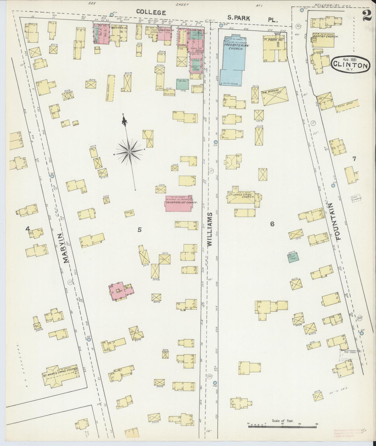 Sanborn Fire Insurance Map from Clinton, Oneida County, New York (1891), Sheet #0002 - Historic Sanborn Fire Insurance Map Print, vintage old map wall art, antique decor, genealogy gift, New York New York map