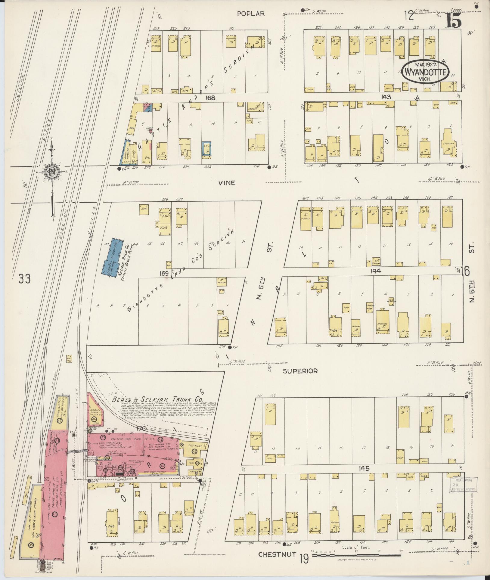 Sanborn Fire Insurance Map from Wyandotte, Wayne County, Michigan (1922), Sheet #0015 - Historic Sanborn Fire Insurance Map Print, vintage old map wall art, antique decor, genealogy gift, Michigan Michigan map
