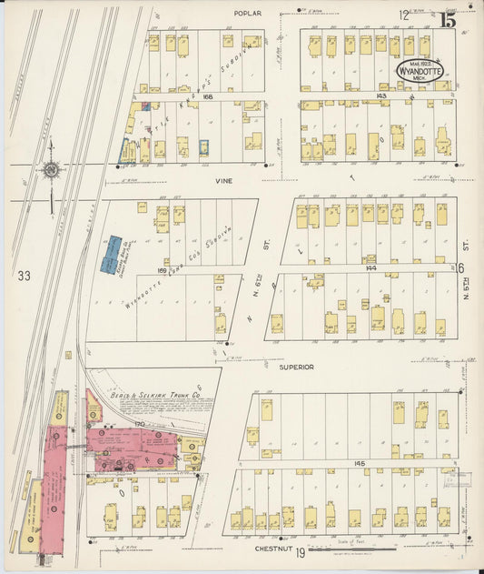 Sanborn Fire Insurance Map from Wyandotte, Wayne County, Michigan (1922), Sheet #0015 - Historic Sanborn Fire Insurance Map Print, vintage old map wall art, antique decor, genealogy gift, Michigan Michigan map