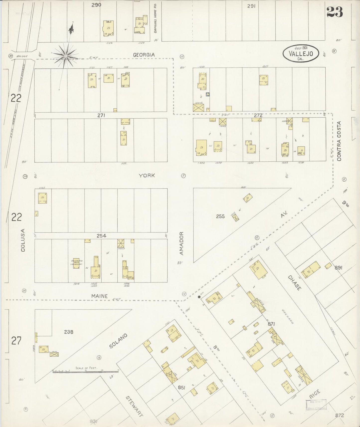 Sanborn Fire Insurance Map from Vallejo, Solano County, California (1901), Sheet #0023 - Complete Map Set gallery image, historic Sanborn map, vintage wall art, California California