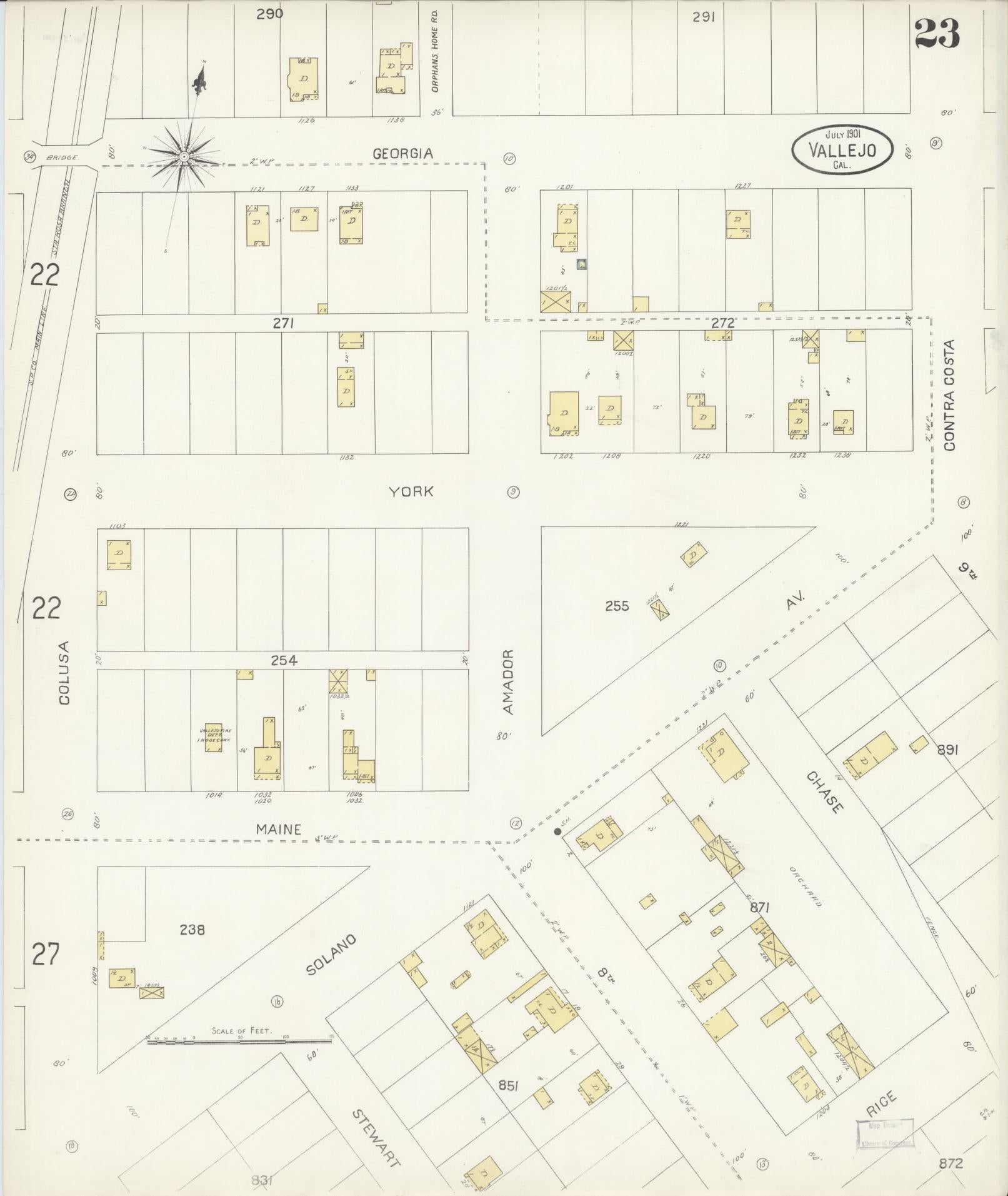 Sanborn Fire Insurance Map from Vallejo, Solano County, California (1901), Sheet #0023 - Complete Map Set gallery image, historic Sanborn map, vintage wall art, California California