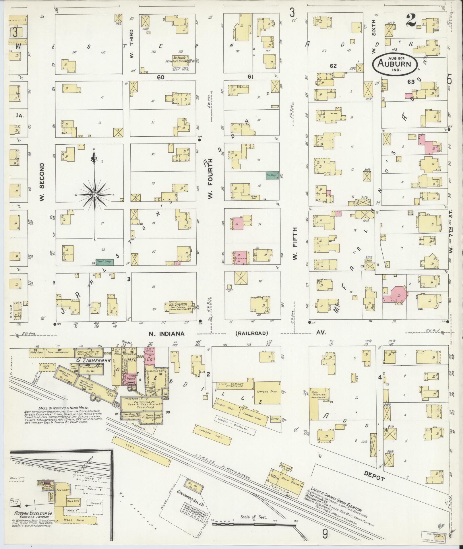 Sanborn Fire Insurance Map from Auburn, De Kalb County, Indiana (1907), Sheet #0002 - Complete Map Set gallery image, historic Sanborn map, vintage wall art, Indiana Indiana
