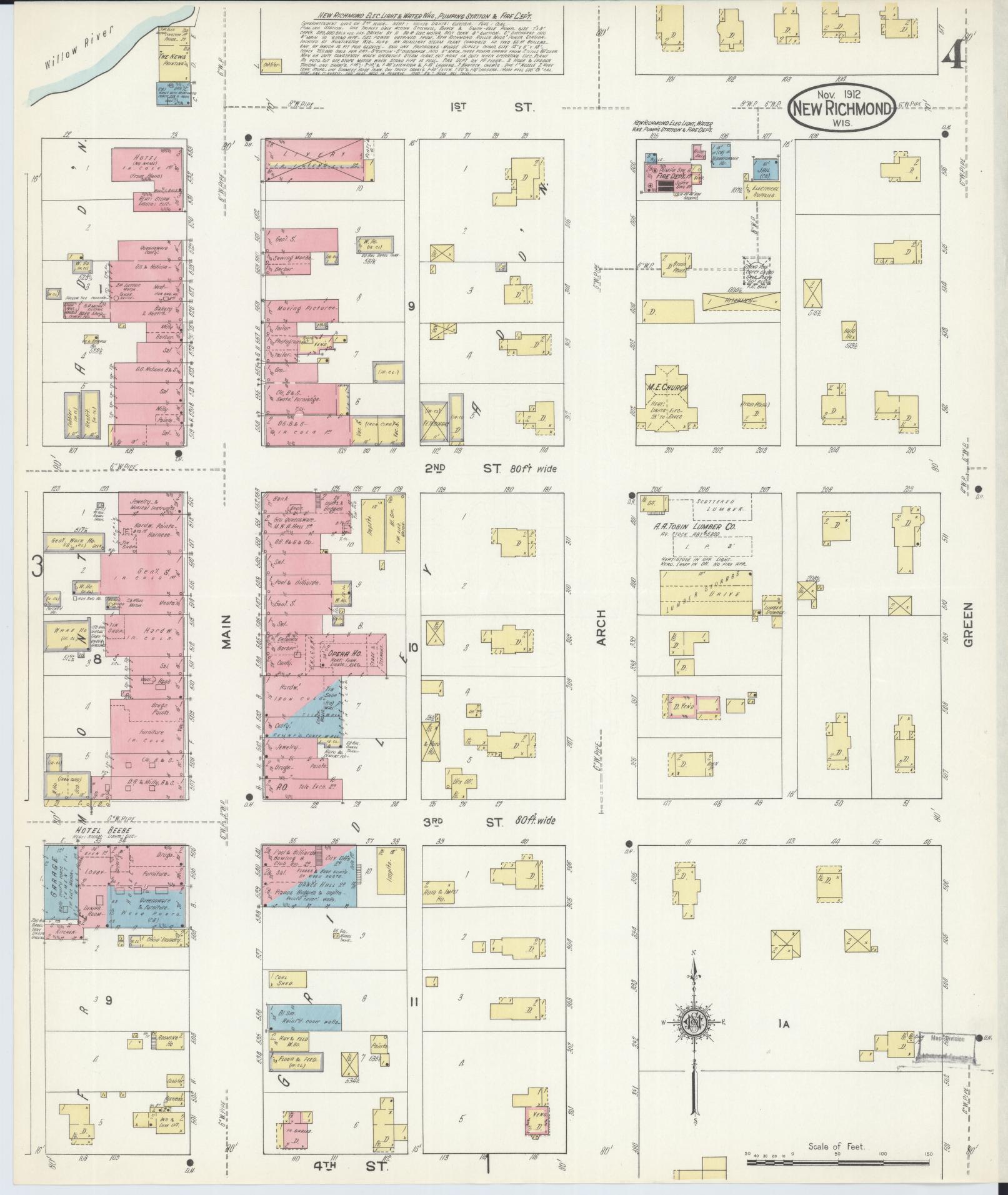 Sanborn Fire Insurance Map from New Richmond, St. Croix County, Wisconsin (1912), Sheet #0004 - Historic Sanborn Fire Insurance Map Print, vintage old map wall art, antique decor, genealogy gift, Wisconsin Wisconsin map