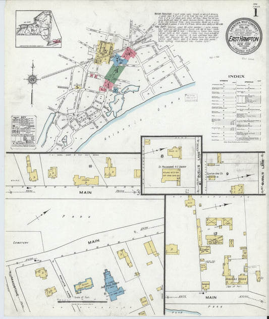 Sanborn Fire Insurance Map from Easthampton, Suffolk County, New York (1920), Sheet #0001 - Historic Sanborn Fire Insurance Map Print, vintage old map wall art, antique decor, genealogy gift, New York New York map