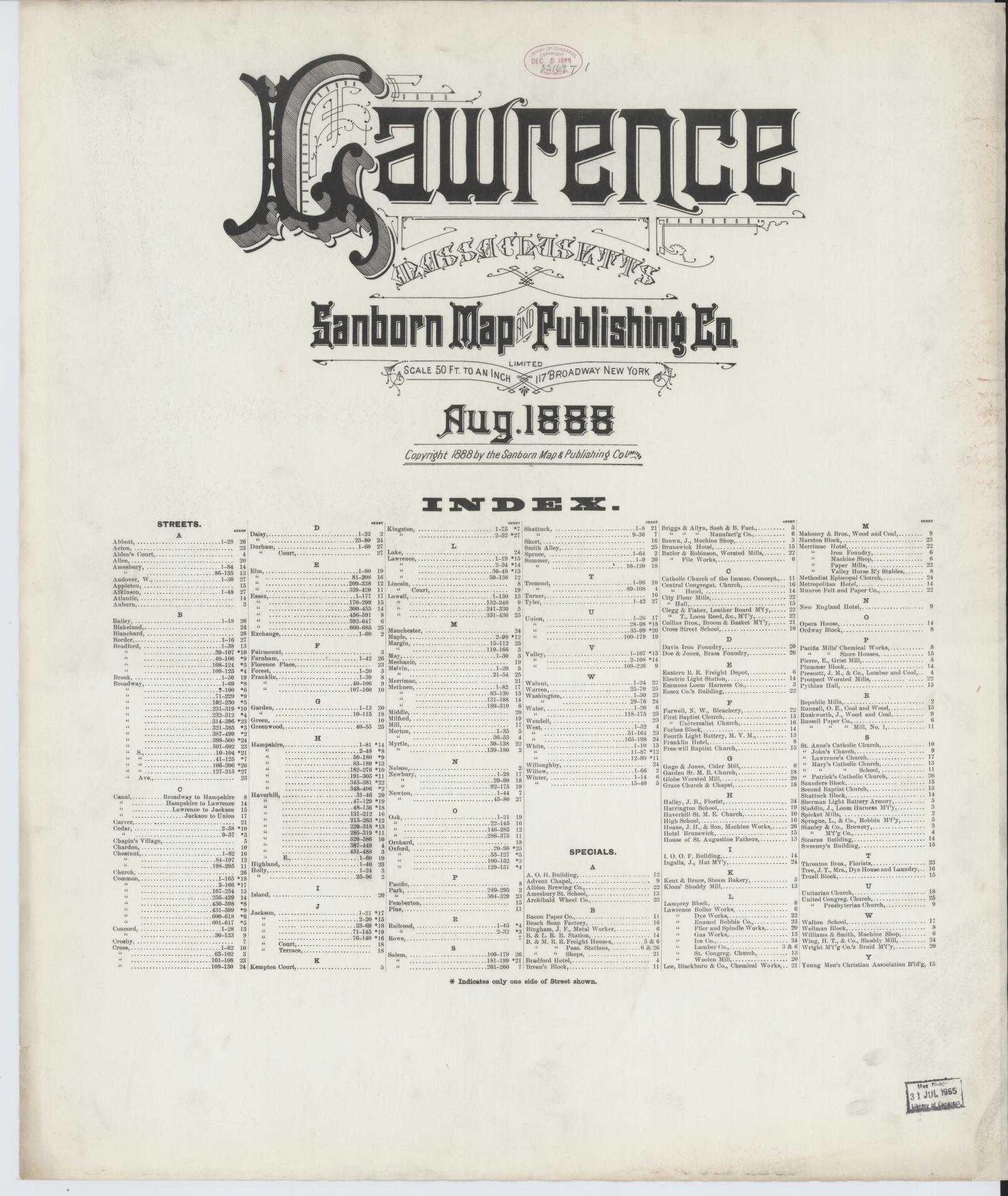 Sanborn Fire Insurance Map from Lawrence, Essex County, Massachusetts (1888), Sheet #0001 - Historic Sanborn Fire Insurance Map Print, vintage old map wall art, antique decor, genealogy gift, Massachusetts Massachusetts map