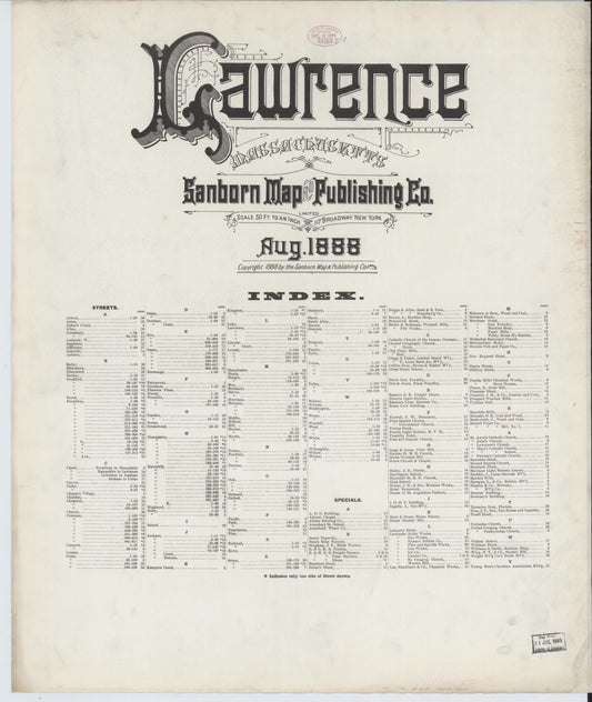 Sanborn Fire Insurance Map from Lawrence, Essex County, Massachusetts (1888), Sheet #0001 - Historic Sanborn Fire Insurance Map Print, vintage old map wall art, antique decor, genealogy gift, Massachusetts Massachusetts map