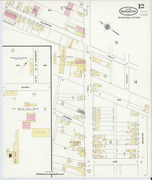 Sanborn Fire Insurance Map from Manchester, Chesterfield County, Virginia (1910), Sheet #0012 - Historic Sanborn Fire Insurance Map Print, vintage old map wall art, antique decor, genealogy gift, Virginia Virginia map