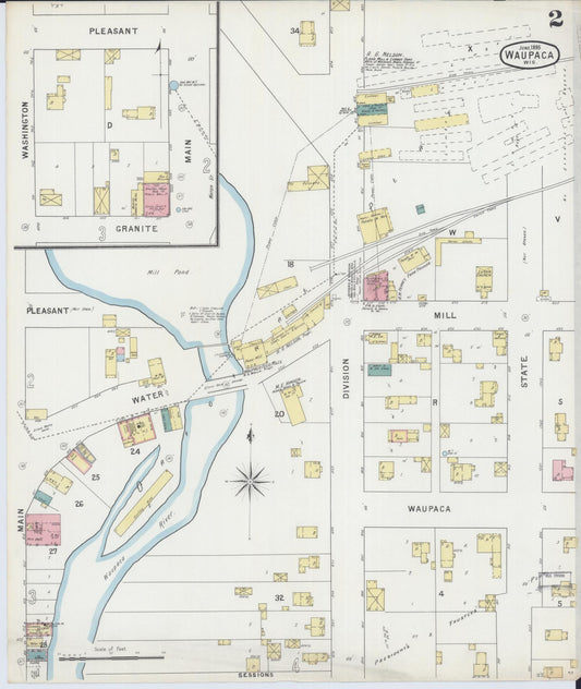 Sanborn Fire Insurance Map from Waupaca, Waupaca County, Wisconsin (1895), Sheet #0002 - Historic Sanborn Fire Insurance Map Print, vintage old map wall art, antique decor, genealogy gift, Wisconsin Wisconsin map