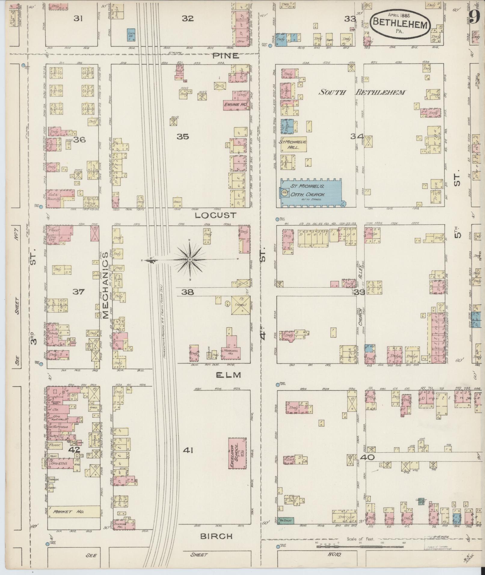 Sanborn Fire Insurance Map from Bethlehem, Northampton And Lehigh Counties, Pennsylvania (1885), Sheet #0009 - Historic Sanborn Fire Insurance Map Print, vintage old map wall art, antique decor, genealogy gift, Pennsylvania Pennsylvania map