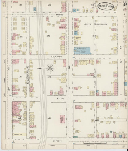 Sanborn Fire Insurance Map from Bethlehem, Northampton And Lehigh Counties, Pennsylvania (1885), Sheet #0009 - Historic Sanborn Fire Insurance Map Print, vintage old map wall art, antique decor, genealogy gift, Pennsylvania Pennsylvania map