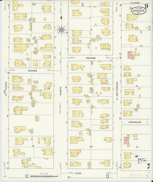 Sanborn Fire Insurance Map from Jackson, Hinds County, Mississippi (1909), Sheet #0009 - Historic Sanborn Fire Insurance Map Print, vintage old map wall art, antique decor, genealogy gift, Mississippi Mississippi map
