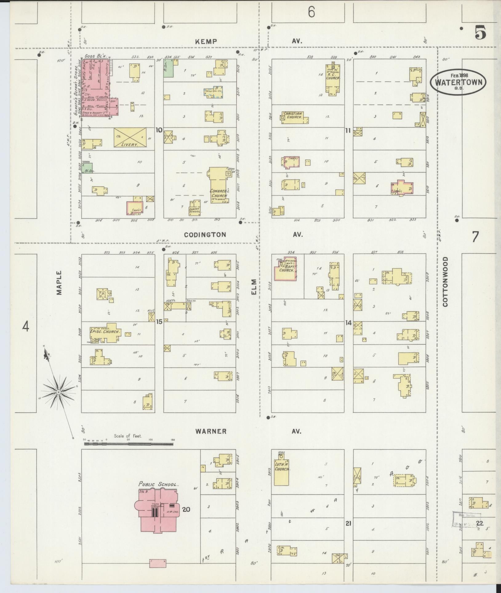 Sanborn Fire Insurance Map from Watertown, Codington County, South Dakota (1898), Sheet #0005 - Historic Sanborn Fire Insurance Map Print, vintage old map wall art, antique decor, genealogy gift, South Dakota South Dakota map