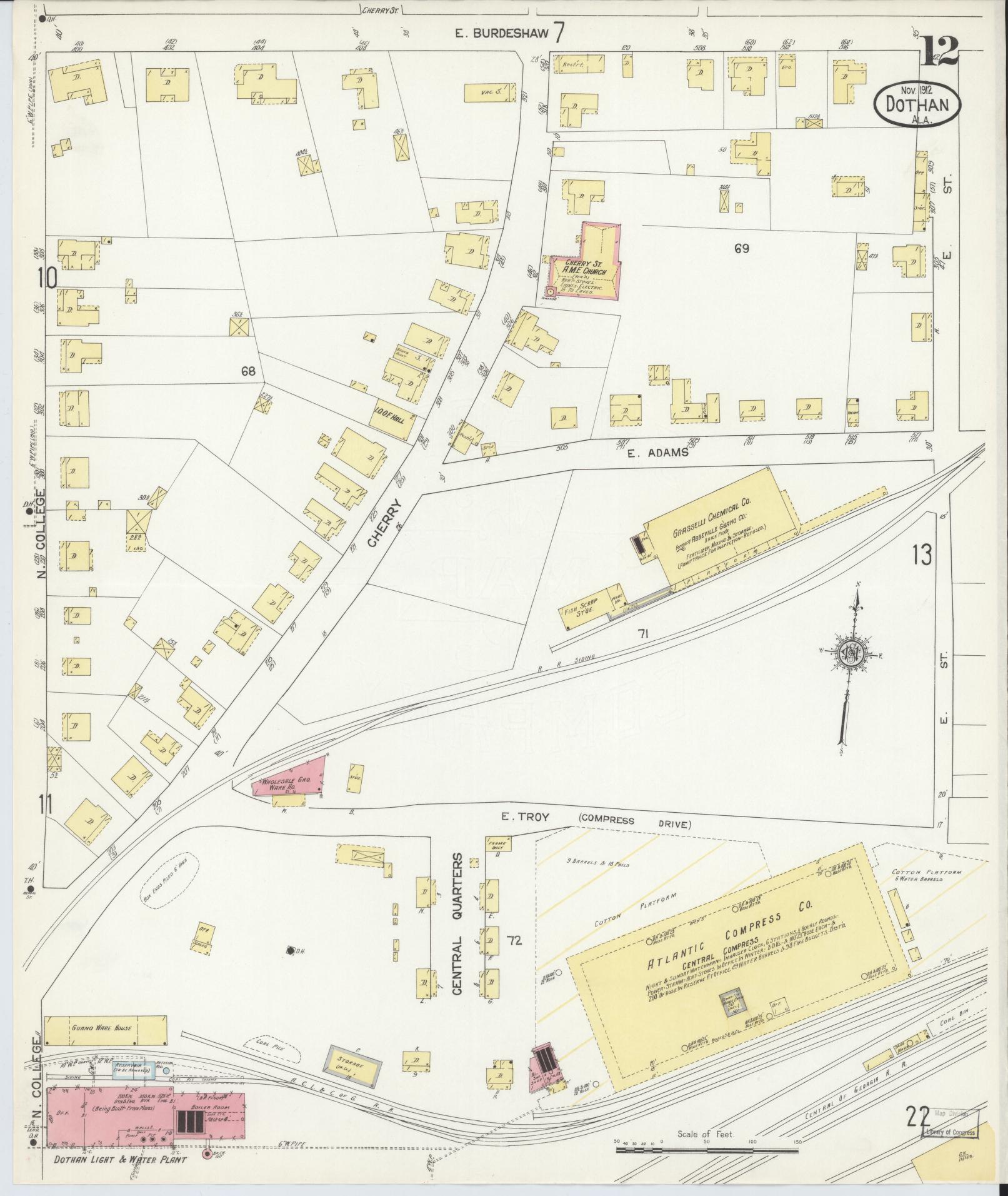 Sanborn Fire Insurance Map from Dothan, Houston County, Alabama (1912), Sheet #0012 - Complete Map Set gallery image, historic Sanborn map, vintage wall art, Alabama Alabama