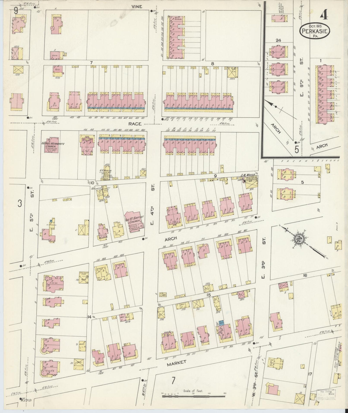 Sanborn Fire Insurance Map from Perkasie, Bucks County, Pennsylvania (1913), Sheet #0004 - Historic Sanborn Fire Insurance Map Print, vintage old map wall art, antique decor, genealogy gift, Pennsylvania Pennsylvania map