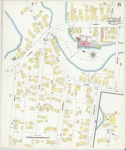Sanborn Fire Insurance Map from Rochester, Strafford County, New Hampshire (1908), Sheet #0008 - Historic Sanborn Fire Insurance Map Print, vintage old map wall art, antique decor, genealogy gift, New Hampshire New Hampshire map