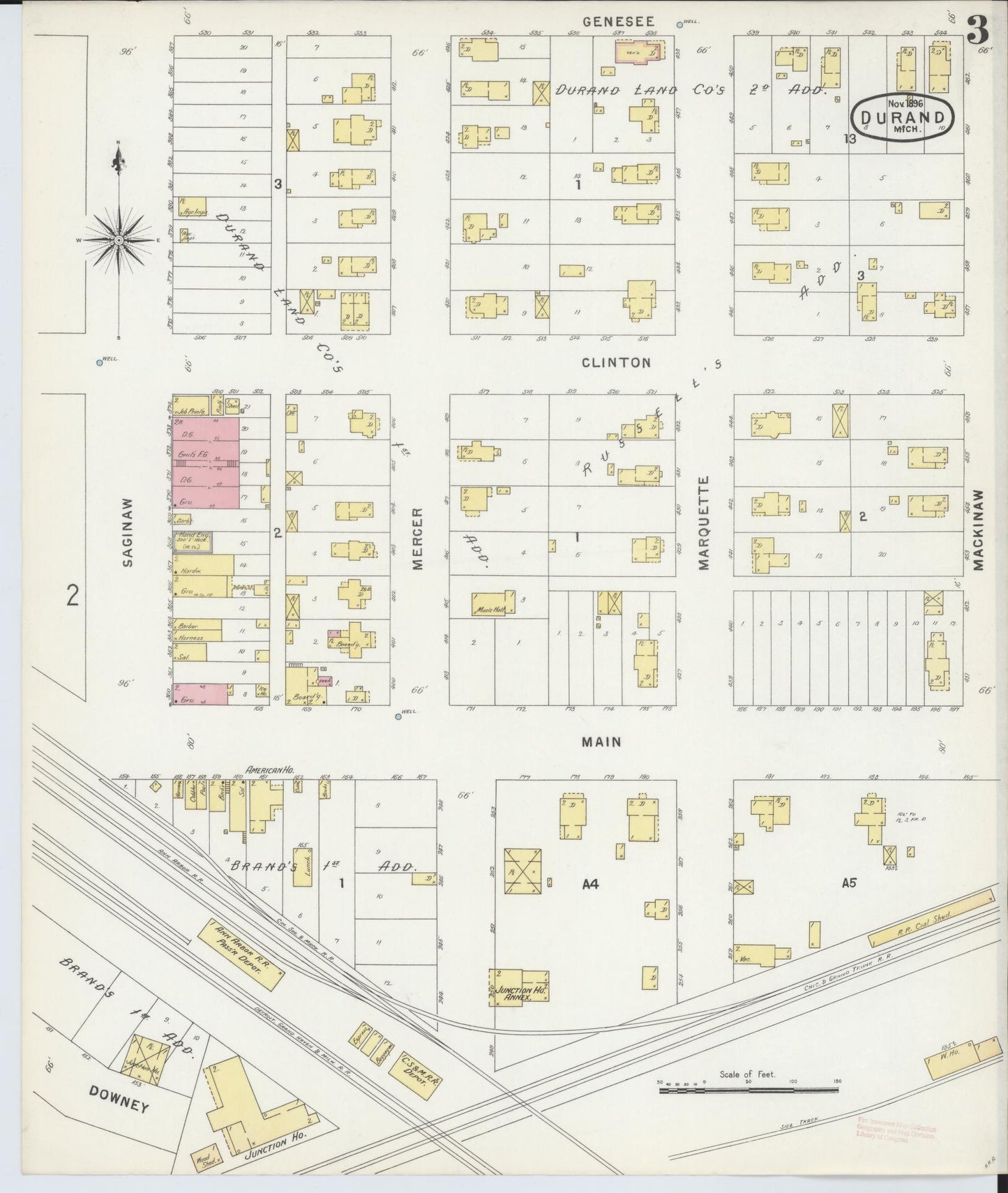 Sanborn Fire Insurance Map from Durand, Shiawassee County, Michigan (1896), Sheet #0003 - Complete Map Set gallery image, historic Sanborn map, vintage wall art, Michigan Michigan